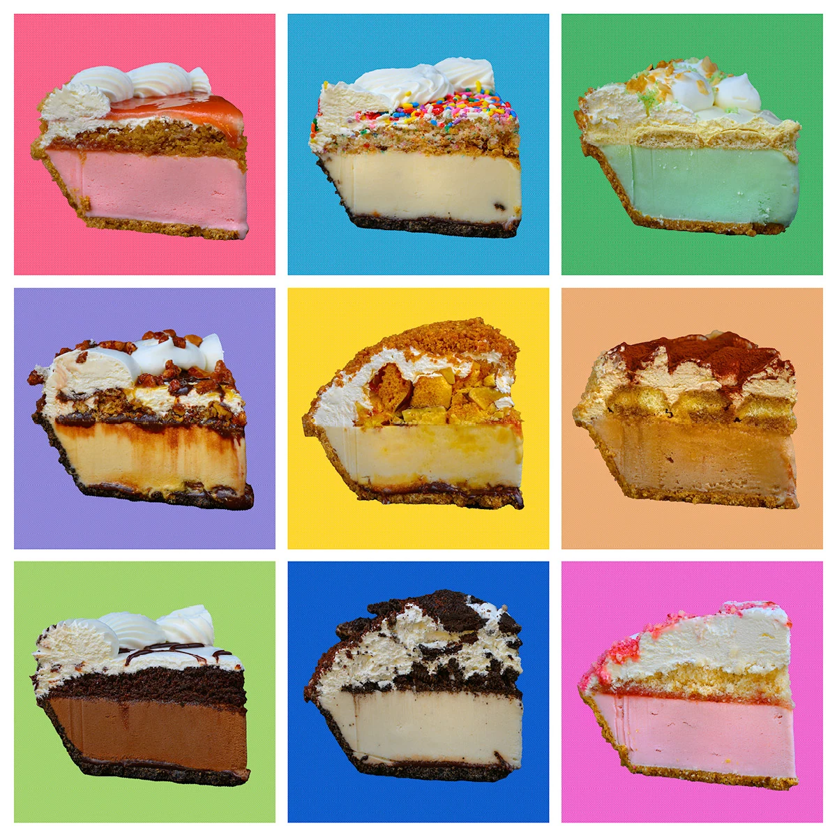 Warhol style image of 9 signature pies