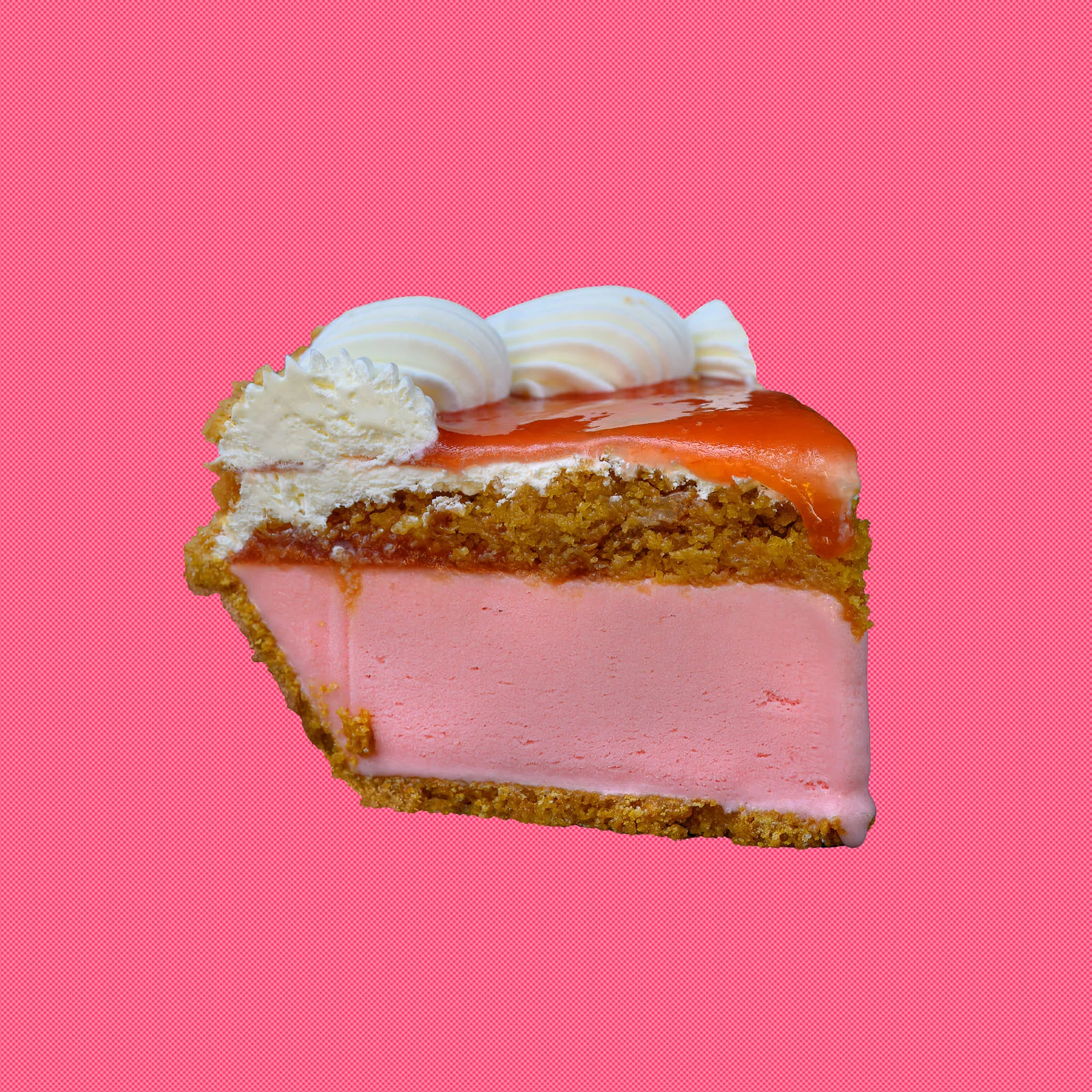 Slice of pink Softserve Pie with a crumb crust and whipped topping on a pink background