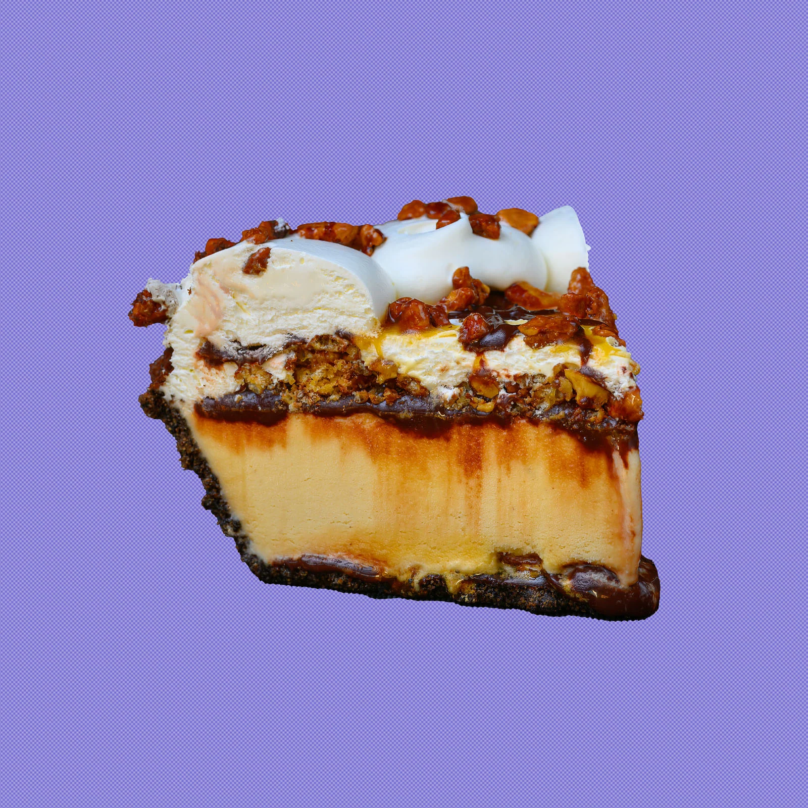Layered Softserve Pie slice with chocolate pieces and whipped topping on a purple background