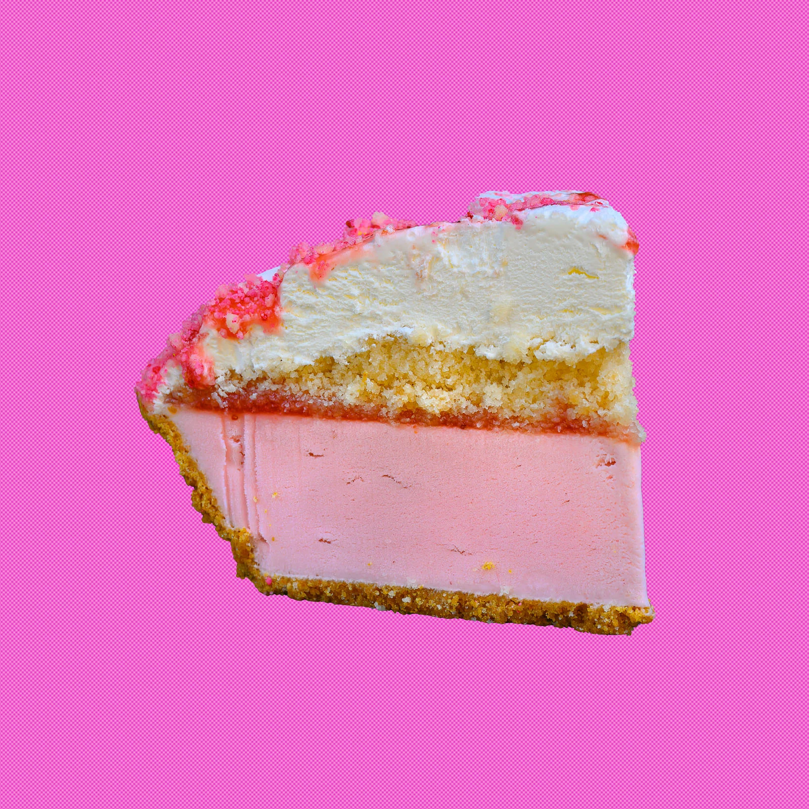 Pink Softserve Pie slice with white whipped topping on a pink background